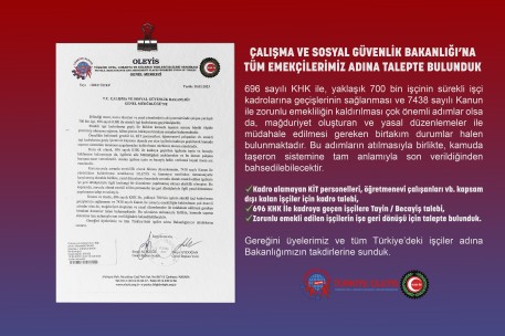 ÇALIŞMA VE SOSYAL GÜVENLİK BAKANLIĞI’NA TÜM EMEKÇİLERİMİZ ADINA TALEPTE BULUNDUK